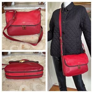 FOSSIL Preston Red Leather Expandable Crossbody Shoulder Bag
